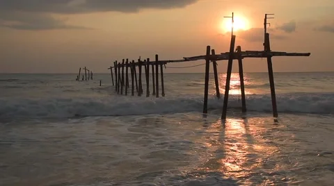 Wave and old bridge Stock Footage 63893305