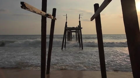Wave and old bridge Stock Footage 63893365