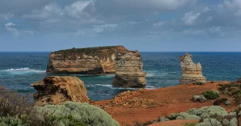 Wave beaten stacks-islets-pillars, Bay of Islands Coastal Park. Peterborough-AUS Stock Photos
