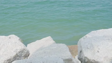 Wave blue sea with rock mock up table background, wave water summer Stock Footage 337086030