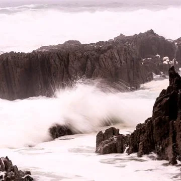 Wave breaking against a rock at the cliffs Stock Photos