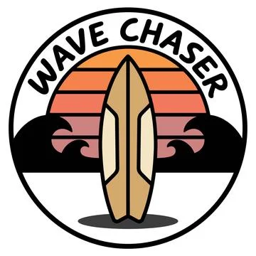 Wave Chaser Retro Surf Badge with Surfboard and Sunset Stock Illustration