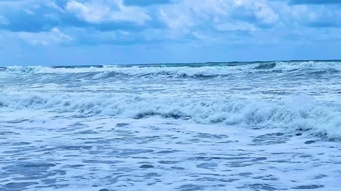 Wave close-up Beach, Ocean, Blue Sky, Sea, White Cloud, Waves Falling on the Sho Video stock 306932160