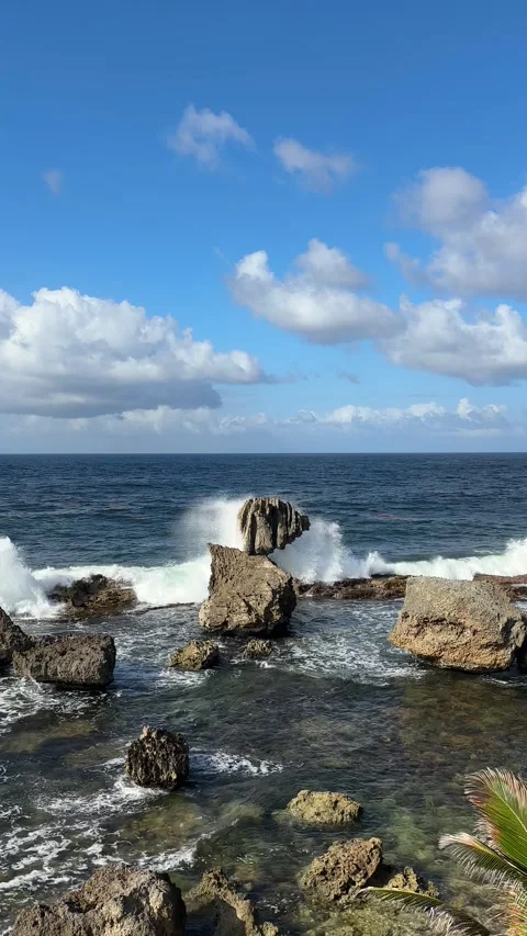 Wave crashing over rocks into pool East Coast Barbados Stock-Footage 334130960