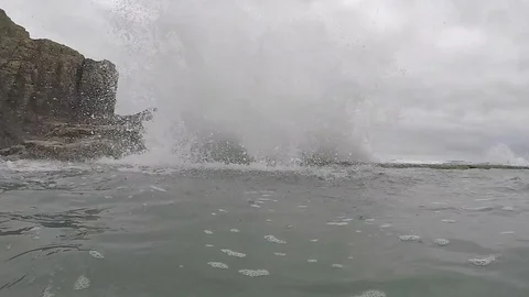 Wave Crashing Onto Rocks Slow-motion Perranporth Beach Rock Pool Stock Footage 95252047