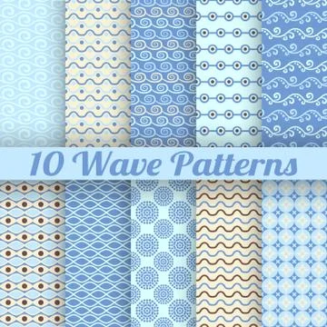 Wave different seamless patterns (tiling) Stock Illustration