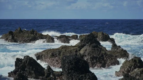 Wave explodes upwards as it slams into rocky Atlantic coastline, slow Stock Footage 165868330