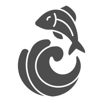Wave with fish solid icon. Fishing vector illustration isolated on white. Fish Stock Illustration