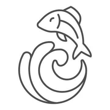 Wave with fish thin line icon. Fishing vector illustration isolated on white Stock Illustration