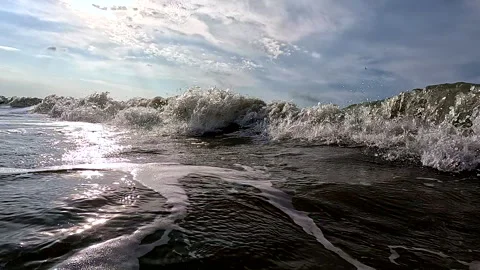 A wave forming and rolling over with ocean birds in the background Stock Footage 336872678