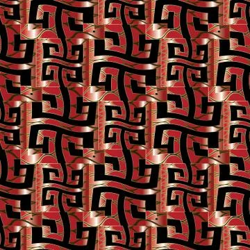 Wave greek key vector seamless pattern. Modern red black gold or 库存插图