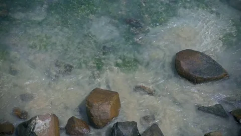 Wave hit the rock fog clouded the water stone, ocean wave background Stock Footage 73288624