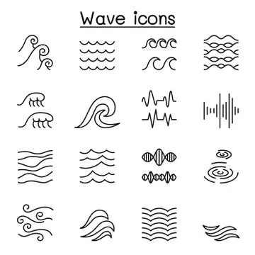 Wave icon set in thin line style Stock Illustration