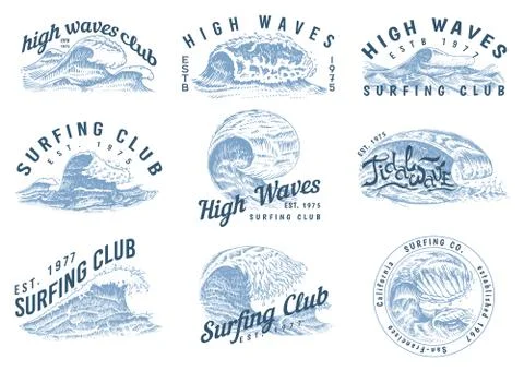 Wave labels, logos. Set of Atlantic tide Templates. Vintage old engraved hand Ilustración de archivo