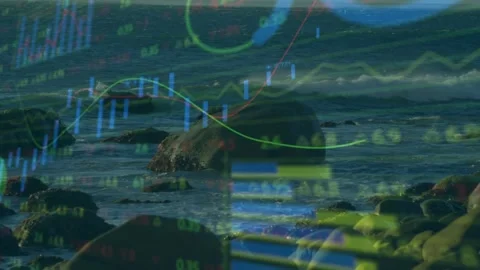 As wave lapping shore, green graph drawing candlestick bars rising, charts Stock Footage 317275624