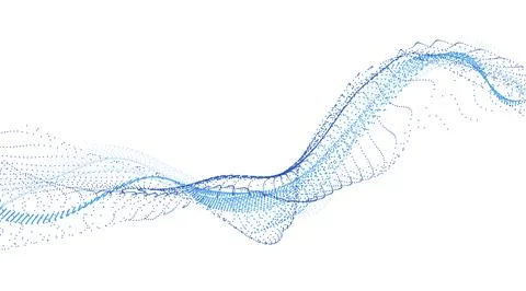 Wave of many lines flowing particles, abstract dotted wavy stripes blue gradient Stockillustratie