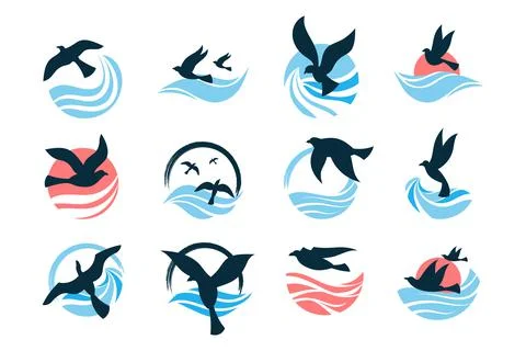 Wave ocean logo. Icon set sea and ocean water elements with birds silhouettes Stock Illustration