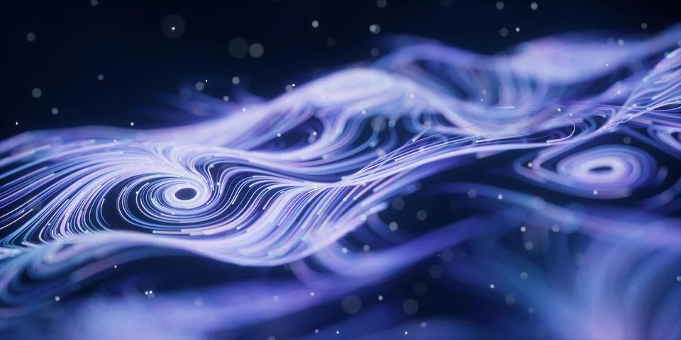 Wave particles lines with swirling pattern, 3d rendering. Illustrazione stock