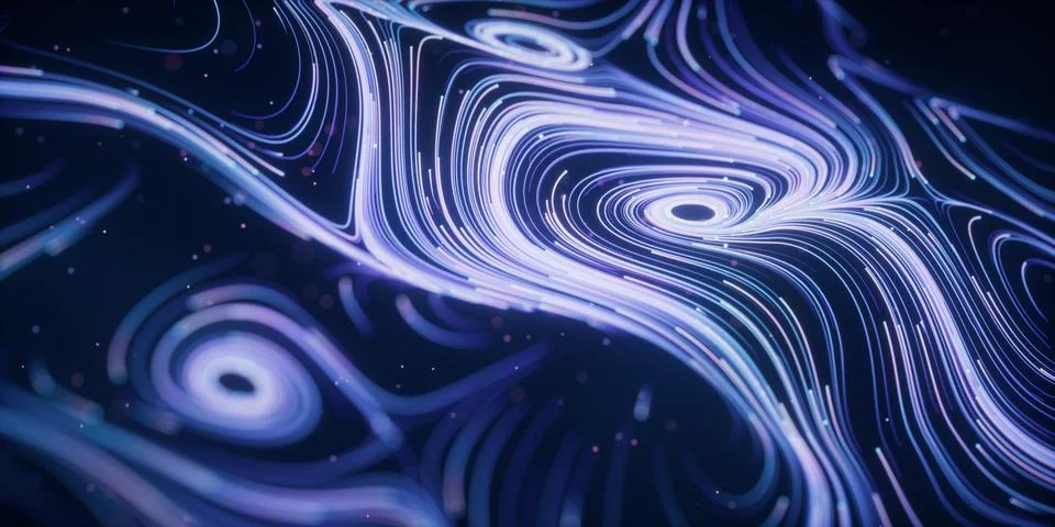 Wave particles lines with swirling pattern, 3d rendering. Illustrazione stock