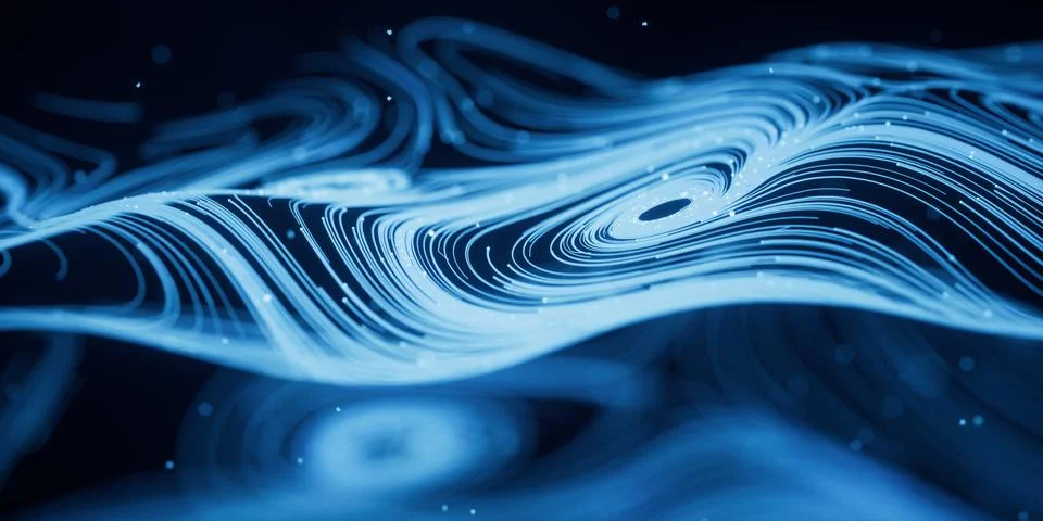 Wave particles lines with swirling pattern, 3d rendering. 스톡 일러스트