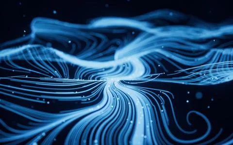 Wave particles lines with swirling pattern, 3d rendering. Illustrazione stock