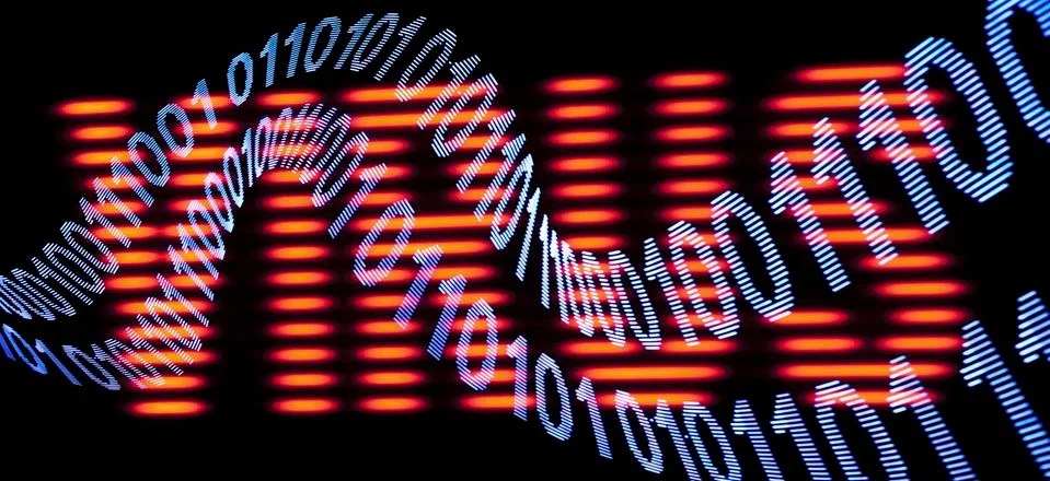 A wave pattern of binary code in front of a sign spelling VIRUS Stock Illustration