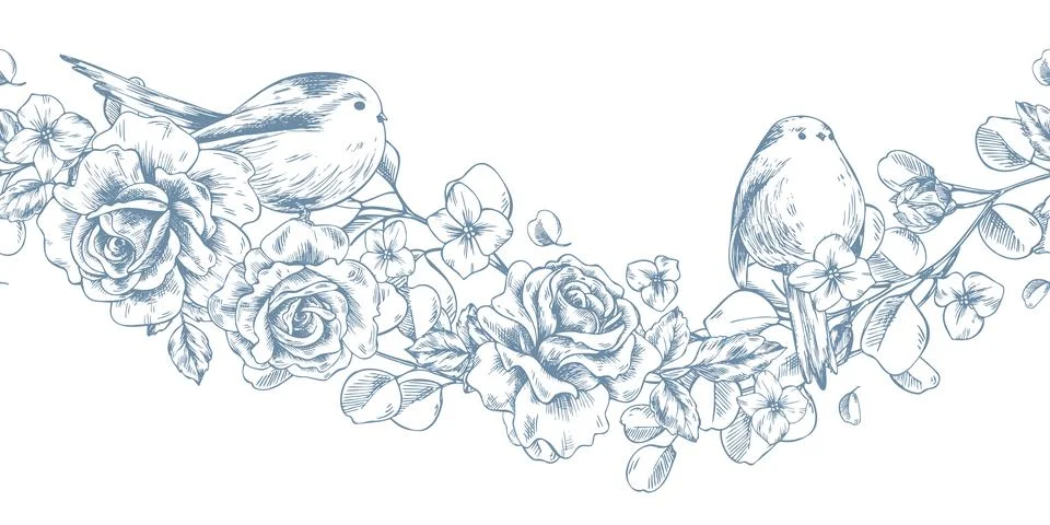 A wave pattern of flowers, roses, and birds. Hand-drawn ink graphic line art Illustrazione stock