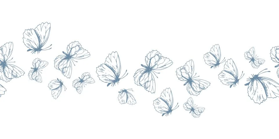 A wave pattern of flying butterflies. A hand-drawn ink graphic line art Stock Illustration