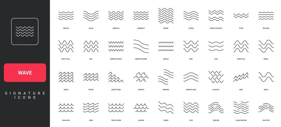 Wave pattern, sea and ocean water, river flow and swimming pool wavy line icon Stock Illustration