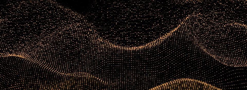 Wave pattern vector. 3D glowing abstract digital gold particles background. T Illustrazione stock