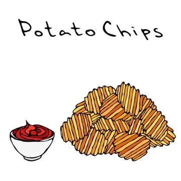 Wave Potato Chips and Bowl of Red Tomato Ketchup Fried Potato. Figure Knife C Stock Illustration