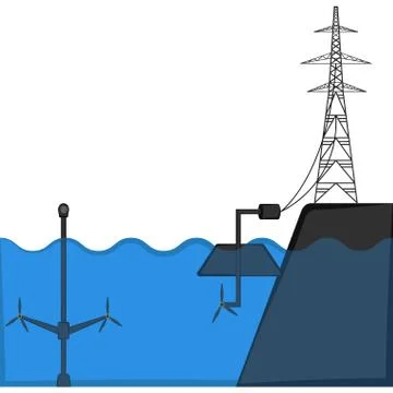 Wave power plant connected to an electrical tower Stock Illustration