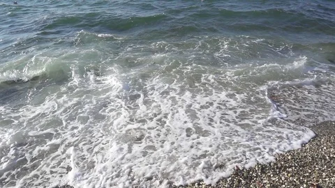 The wave rolls over the shore and the shadow of a seagull slow motion Stock Footage 84764765