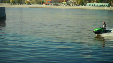 Wave runner moving through Neva river, Saint Petersburg Stock Footage 36147344