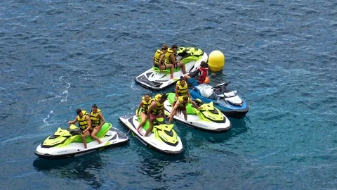 Wave runners anchored in the north coast of Benidorm in Spain. Stock Footage 113532385