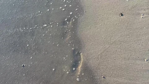A wave of sea surf washes away the footprints of man on the sand Stock Footage 251700439