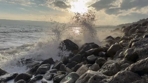 Wave sea wind stone beach video Stock Footage 298256492