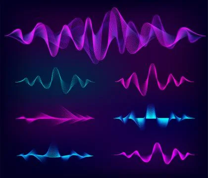Wave sound vector set. Music soundwave design, color elements isolated on dark Stock Illustration