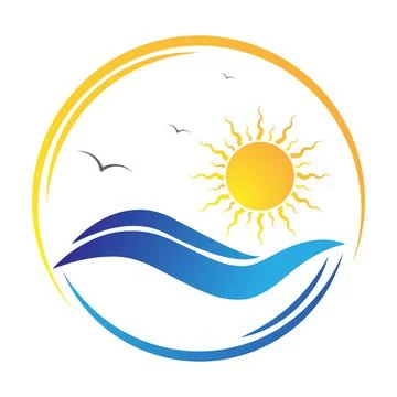 Wave, sun, and seagulls. Vector illustration for logo, emblem, sticker and cr Stock Illustration