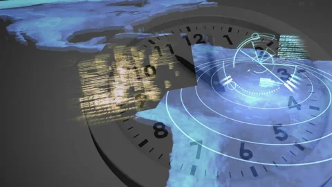 Wave sweeping clock revealing Earth map, circles pulsing, code scrolling, fading Stock Footage 314408802