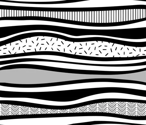 Wave textured seamless pattern. Black white contrasting hand made vector Stock Illustration