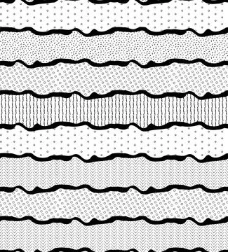 Wave textured seamless pattern. Black white contrasting hand made vector Illustrazione stock