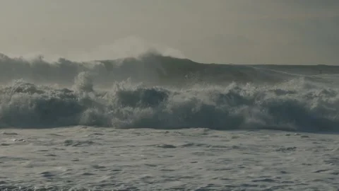 Wave turmoil at the ocean during big wave season in Nazare in Portugal Stock Footage 304003267