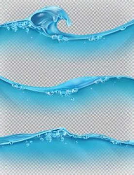 Wave of water and bubbles, 3d vector set Stock Illustration