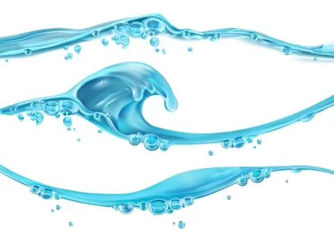 Wave of water and bubbles, 3d vector set Illustrazione stock