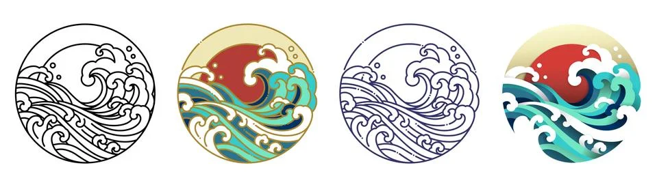 Wave water and sun vector art illustration. Stock Illustration