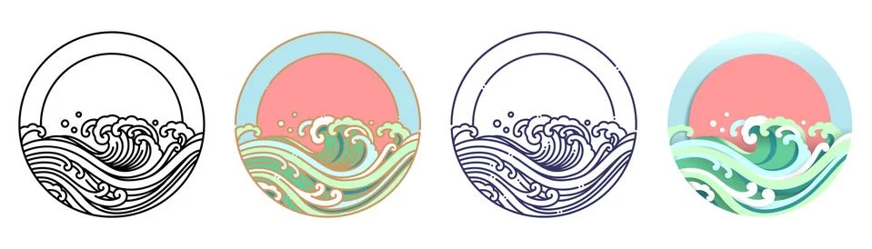 Wave water and sun vector art illustration. Stock Illustration