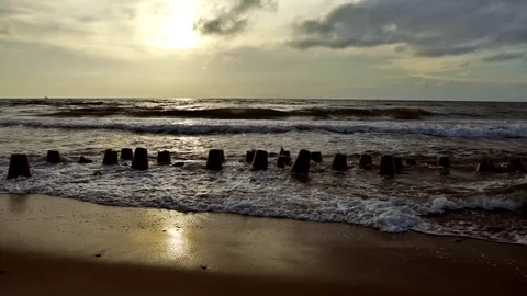Wavebreakers on Baltic Sea coast 400% slow motion Stock Footage 92078536