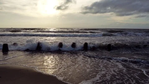 Wavebreakers on Baltic Sea coast 400% slow motion Stock Footage 92080149