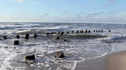 Wavebreakers on Baltic Sea coast Stock Footage 92077926